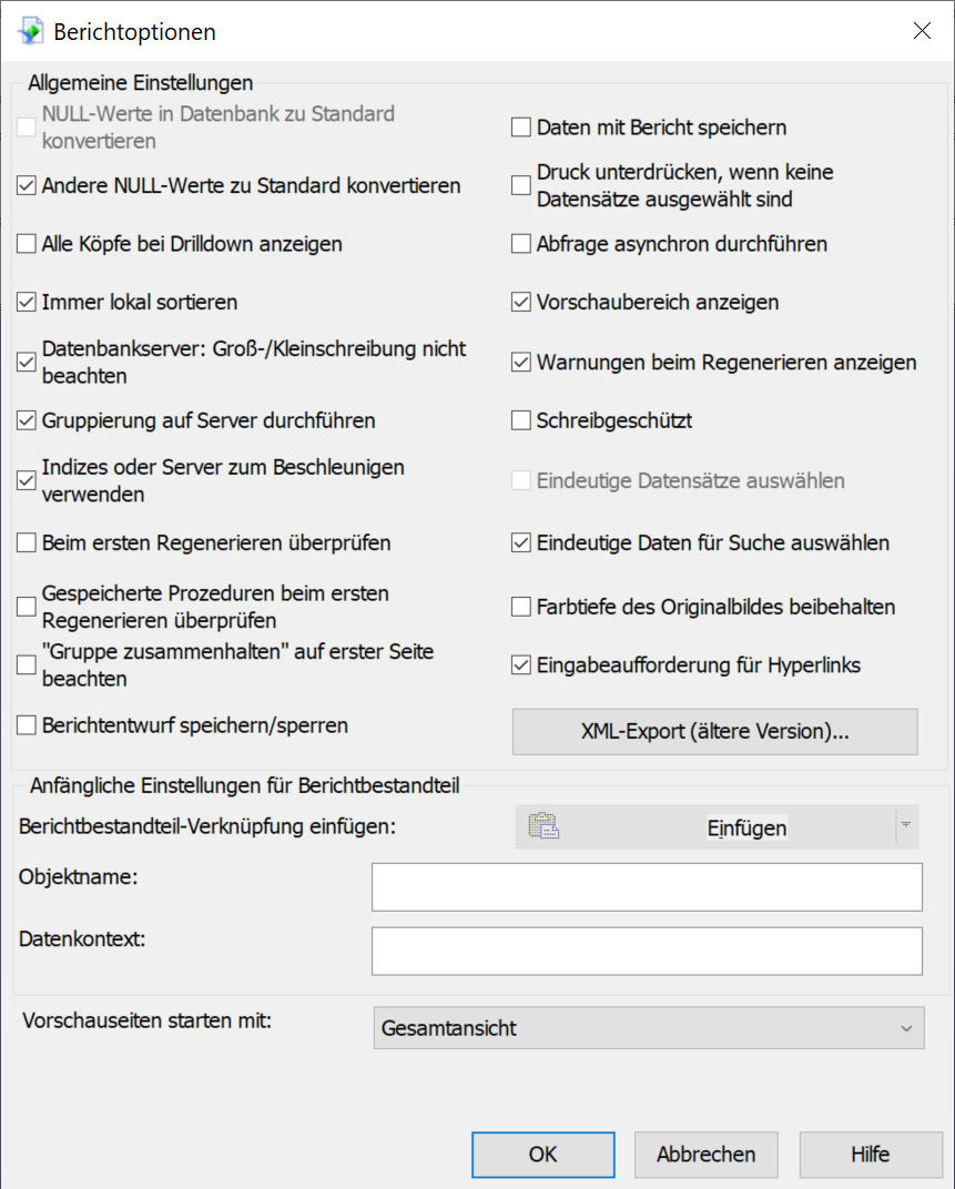 Optionen - Berichtsoptionen