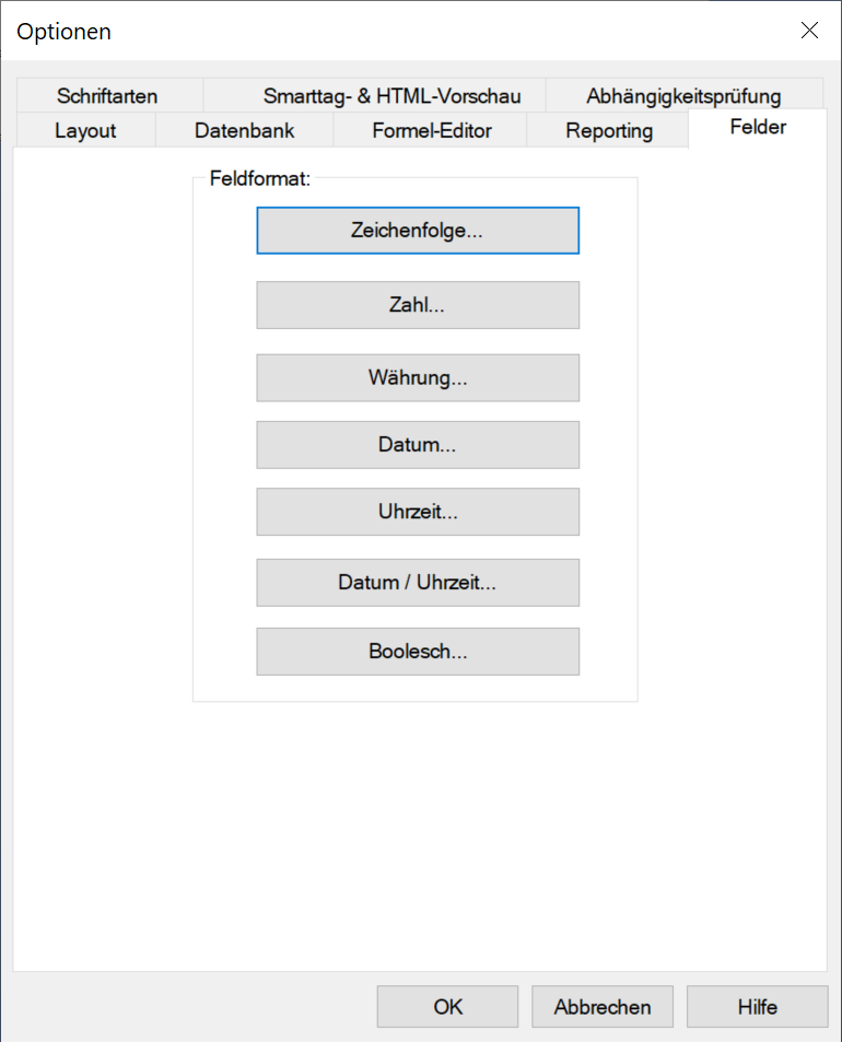 Optionen - Felder