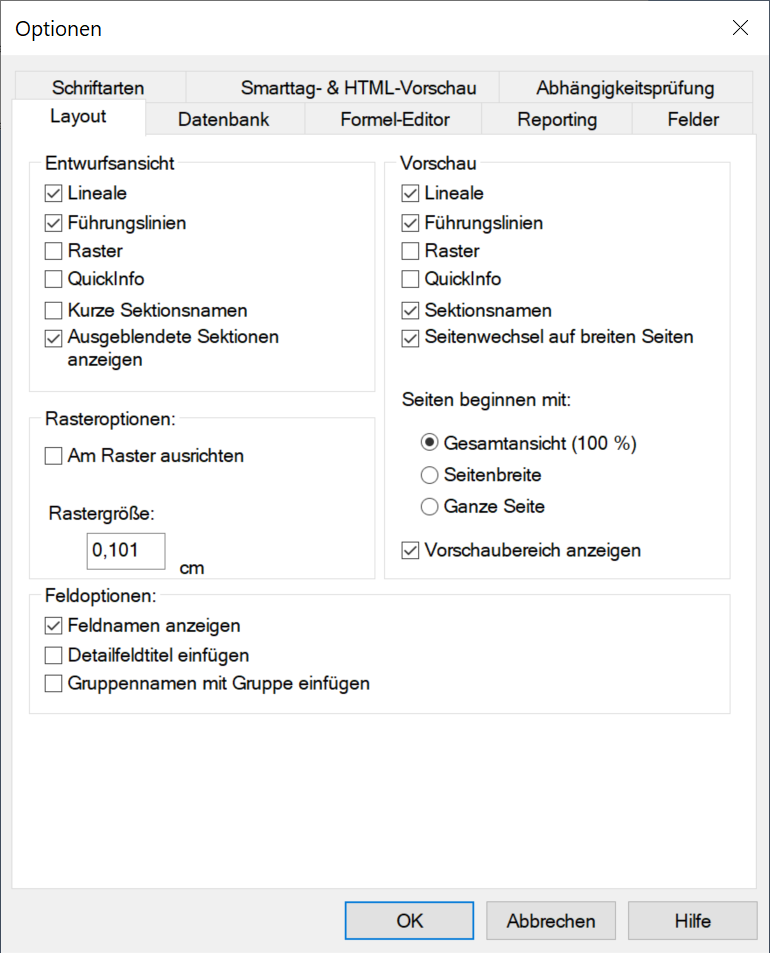 Optionen - Layout